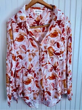 Cloth & Stone Watercolor Floral Button-Up Shirt Size Small Pink & Rust